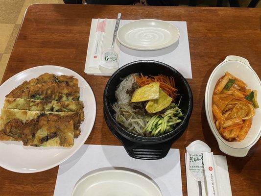 Scallion Pancake, Sizzling Stone Pot Bibimbap ( ), and Stir- Fried Rice Cake ()