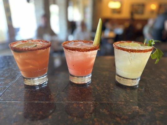 All Fresh ingredients (from left to right) Guava Margarita, Watermelon margarita, and Cucumber Cilantro margarita