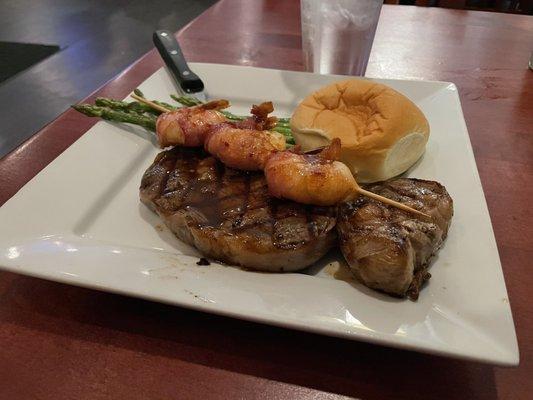 Steak and shrimp.