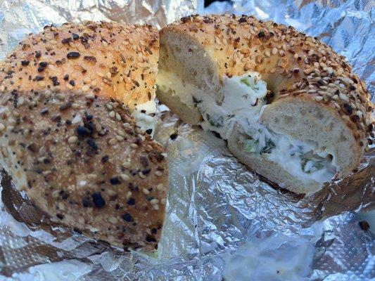 everything bagel toasted with scallion cream cheese