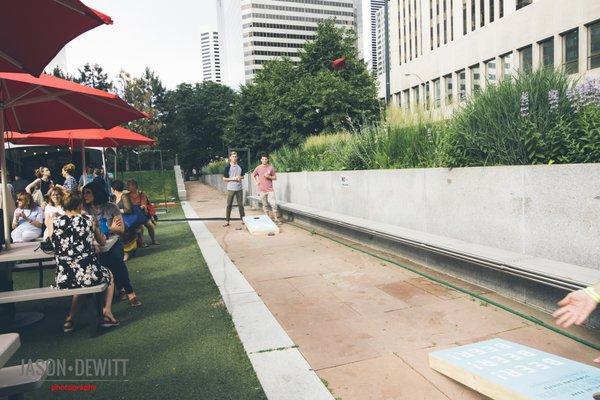 Cornhole inside Skyline Beer Garden