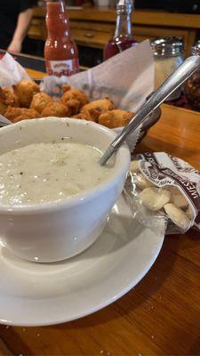 White clam chowder and clam cakes