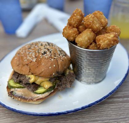 A GREAT burger. Tots of course. Epic service by Meagan and Lauren!!