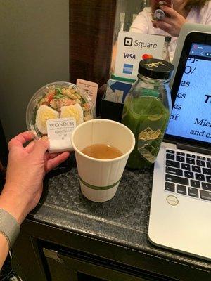 Delicious cup of ginger chicken broth, Jade with an elderberry add on and tabouli salad! Yum!