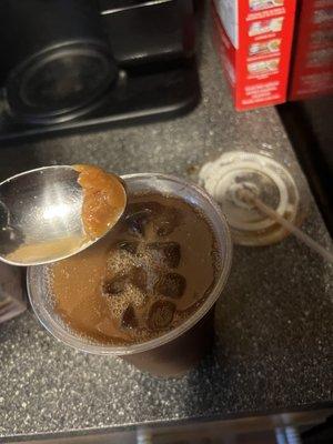 Caramel chunks in iced coffee