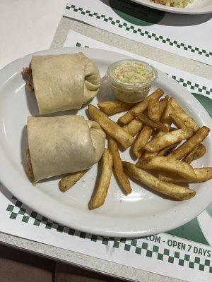 Chicken cheesesteak wrap and fries