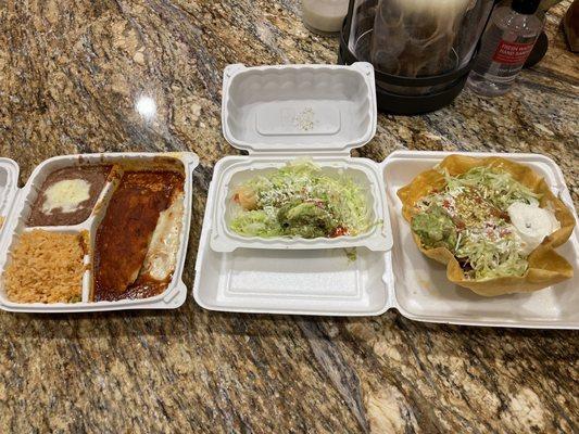 Combo (enchilada, tamale, taquitos, rice and beans with lettuce and guac) and tostada