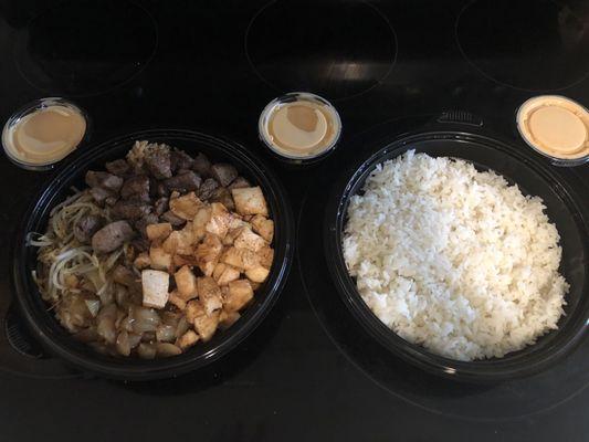 Side Steamed Rice Chicken Steak Bowl and Yum Yum Sauce