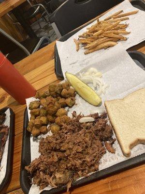 Chopped beef dinner with okra and fries