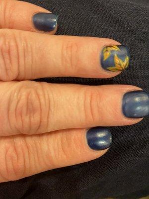 Navy Blue Matte Gel Manicure with Leaves