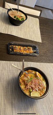 Chicken ramen, vegan ramen, and spicy tuna on crispy rice