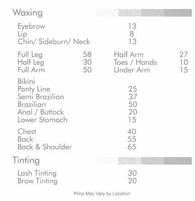 Waxing menu