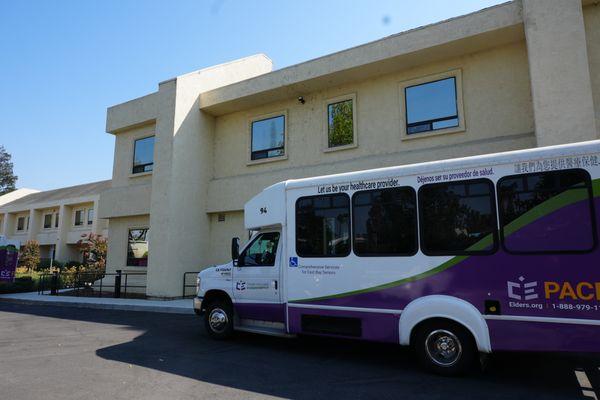 CEI PACE van pulling up to the PACE Concord Center to drop off seniors for the day.