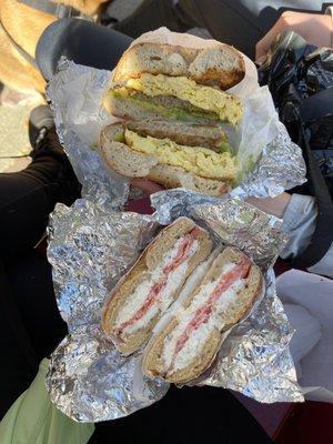 Cream cheese salmon on cheesy jalapeño bagel & everything bagel with sausage egg avocado