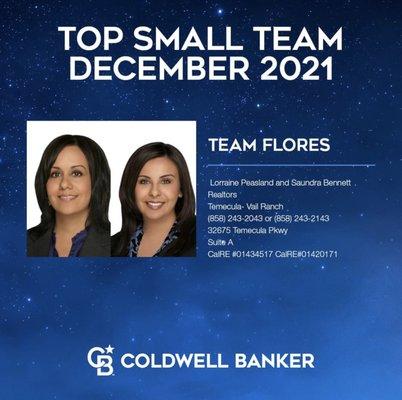 Team Flores, Top Small Team for December 2021 - Coldwell Banker Realty, Temecula Vail Ranch