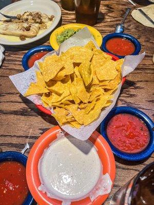 Salsa and white dip. Not queso, some kind of ranch type dip. Really good.