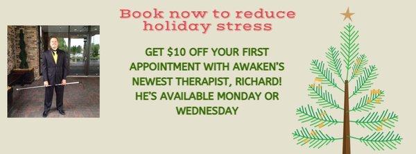 Awaken's newest therapist! Book him Monday or Wednesday and take $10 off your first appointment with him!