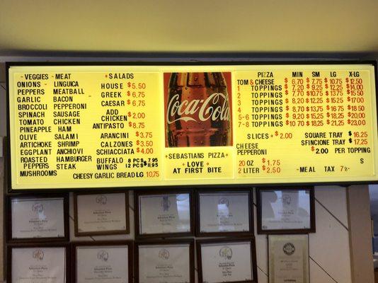 Current 2019 menu prices