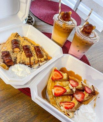 Kinder Bueno Crepe, Cheesecake Crepe, Pink Iced Coffee and Iced Coffee