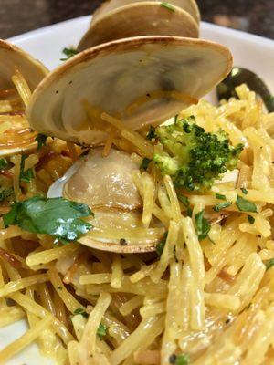 Fideos with clams and saffron. This recipe came out perfect thanks to the fish market. The clams popped like cherry tomatoes.