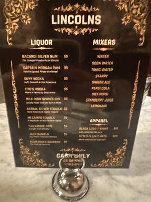 Liquor and mixers menu