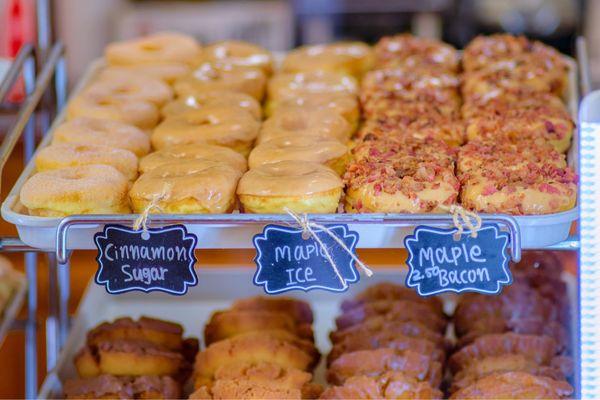 Maple Bacon Donut, Maple Donut, and Cinnamon Sugar