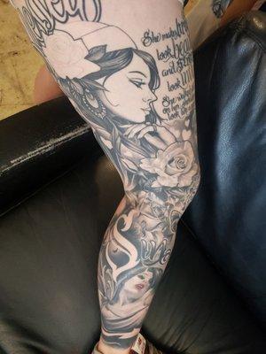 Fucking killed it! Leg sleeve in progress