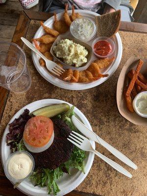 Black bean burger and fried shrimp