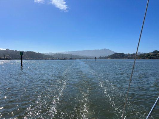 Motoring down the Chanel with a view of Mt. Tam behind us