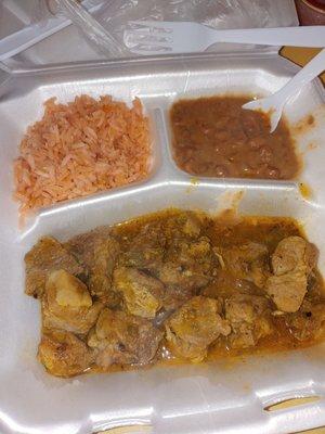 Pork stew w/green chile and rice n beans