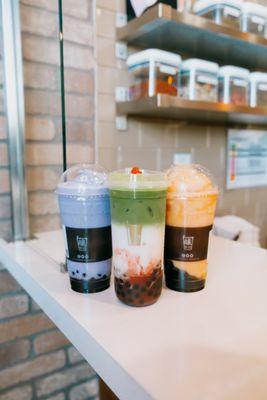 Taro Slush, Premium Strawberry Matcha, Sunrise on the Beach Slush