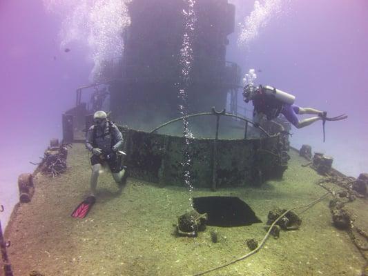 Rob on the left, helping explore a wreck in Cozumel