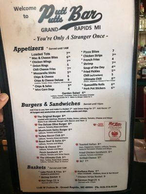 Menu as of September 2019