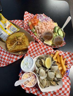 Shrimps melt, shrimps salad, and Steam Clams.