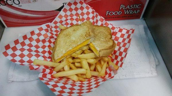 our  old fashioned american  grilled cheese with the  bread of your  choice  wheat, white, or sourdough and a side of golden french fries