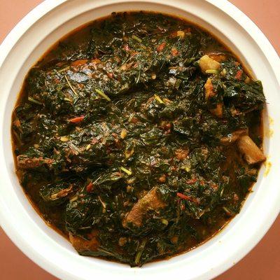 Vegetable soup, usually served with yam fufu