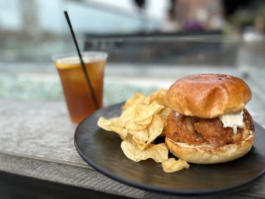 Fried fish sandwich at Lookout rooftop bar and restaurant