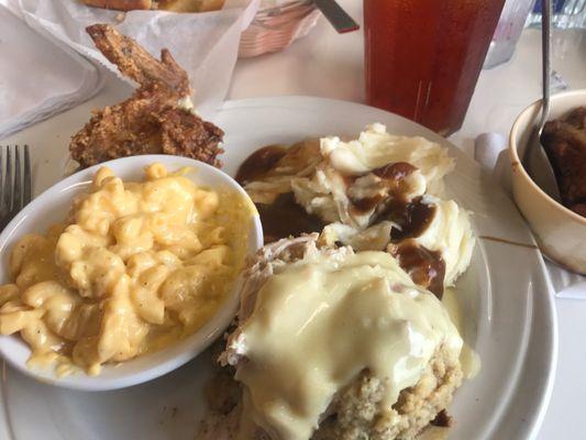 fried chicken, mashed potatoes, turkey and dressing, pecan cobbler, yummy!!