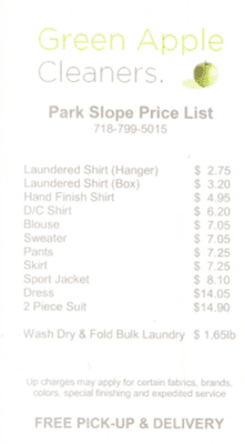 Price list for Park Slope location