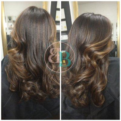 Beautiful brunette color done by me finishing with a Dominican roller set and blow dry