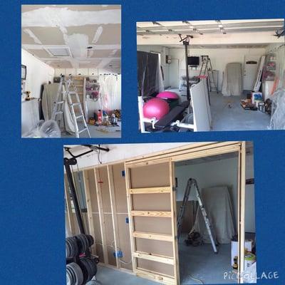 Popcorn removed from Garage ceiling, new pocket doors & wall board