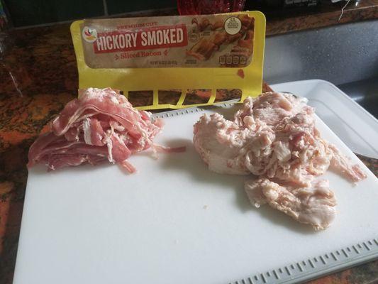 1 lb package of bacon that showed minimal fat, turned out to be 12 oz of fat and 4 oz of meat. Very artful & deceptive packaging.