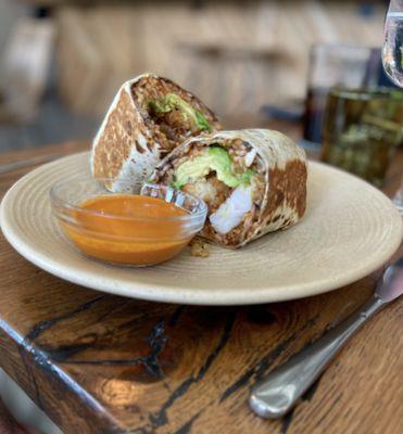 Burrito De Langostionos - Fried jumbo shrimp, avocado, rice, black beans, spicy salsa, flour tortilla