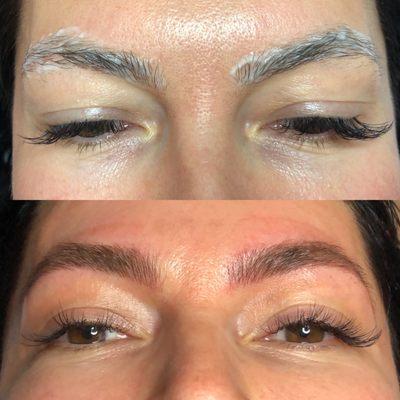 Eyebrows being numbed before Microblading & After two sessions of Microblading