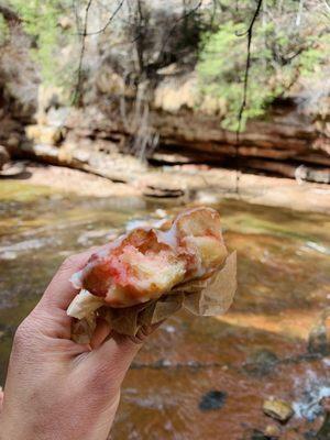 Great place to pick up snacks for hiking, like this raspberry fritter!