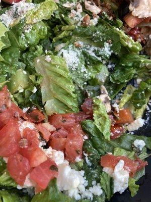 Browned romaine leaf and soft tomatoes.