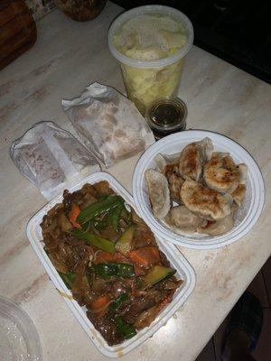 Beef Chow Fun, Fried Pork Dumplings, Egg Rolls (sorry, they're still in the wrapper) and a Egg Drop Won-Ton soup