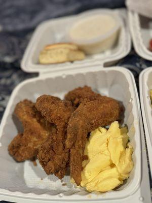 Chicken Wings and Eggs Breakfast with biscuits