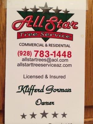 All Star Tree Service business card