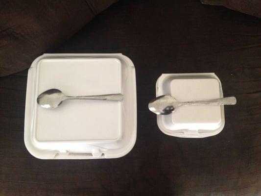 A large size vs a "lunch special". Notice how the spoons are on top. The lunch special is not as big as a regular spoon yet they charge $6.